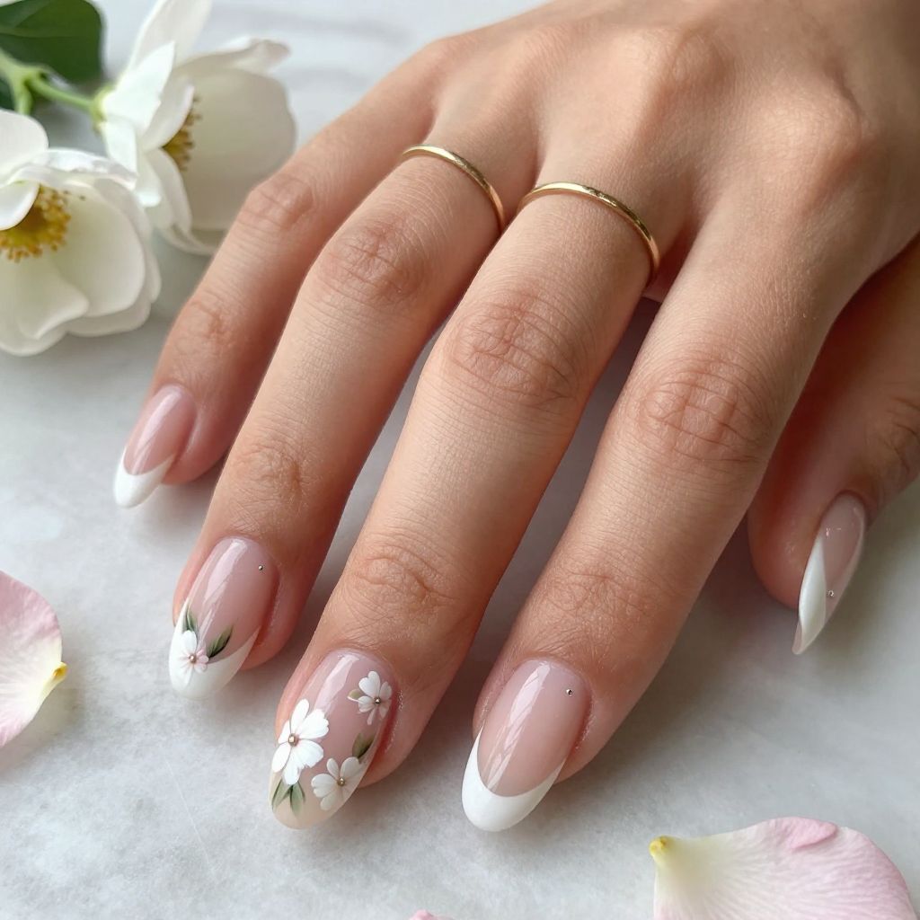 White French Tips with Floral Accent Nails