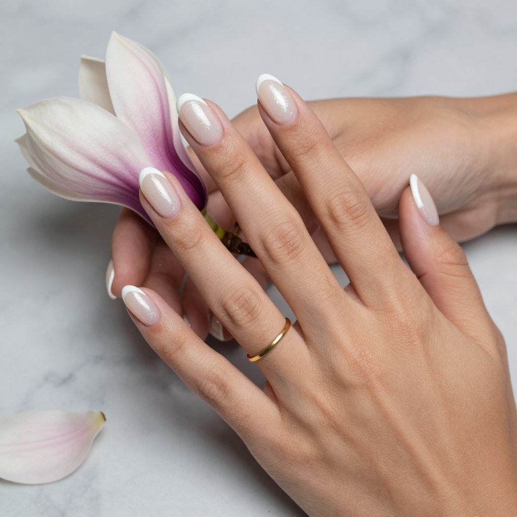 Oval White French Tips with Pearly Finish