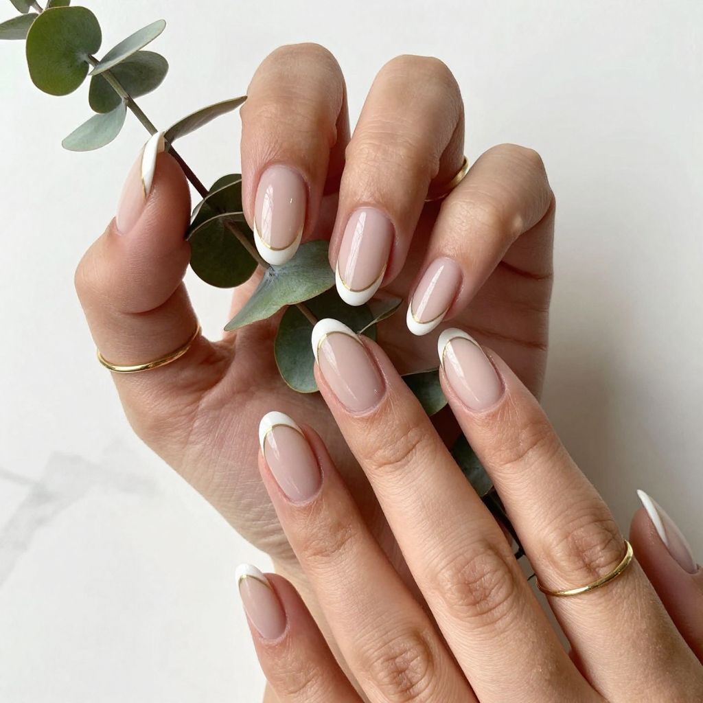 White French Tips with Gold Line Detail