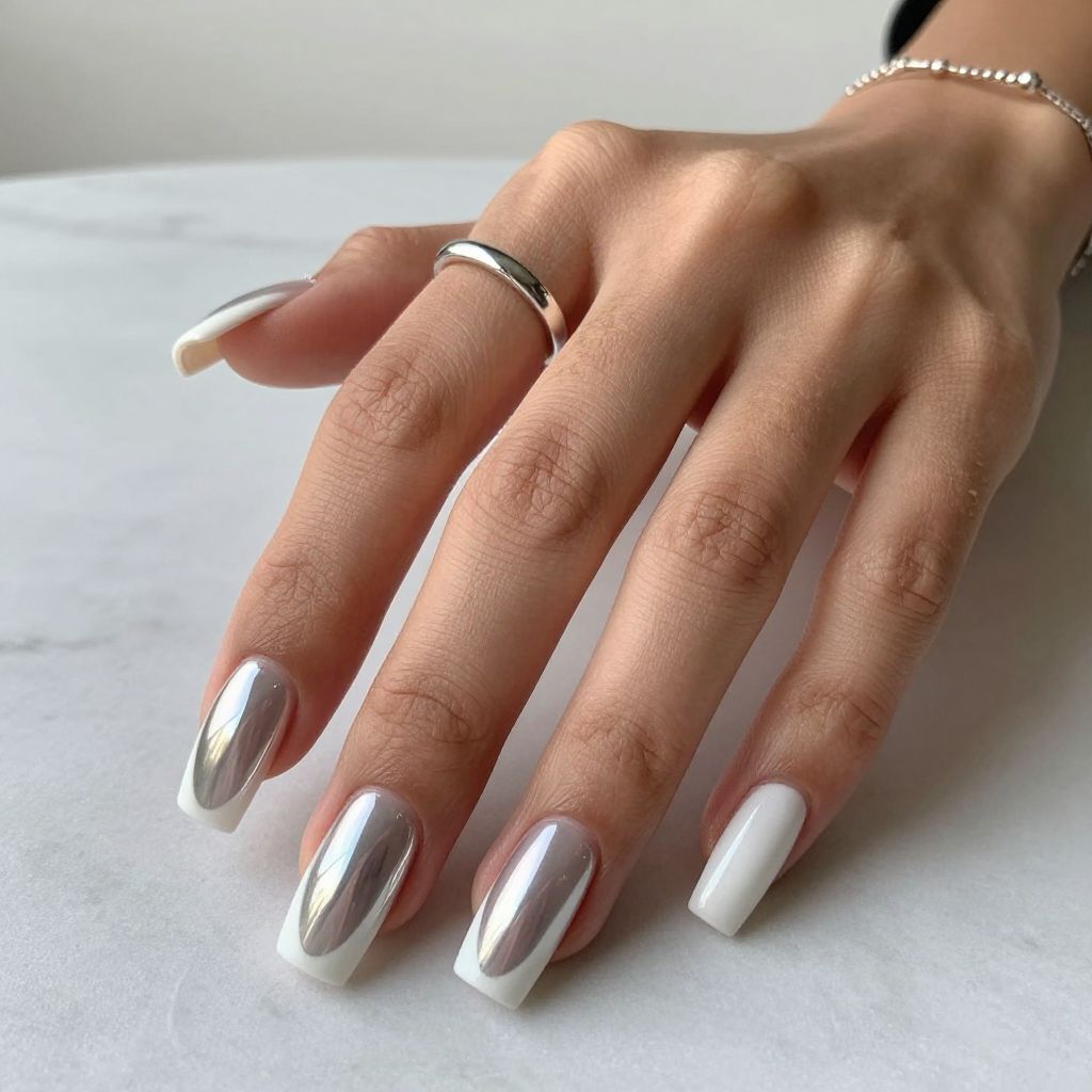Oversized White Square Tips with Chrome Base