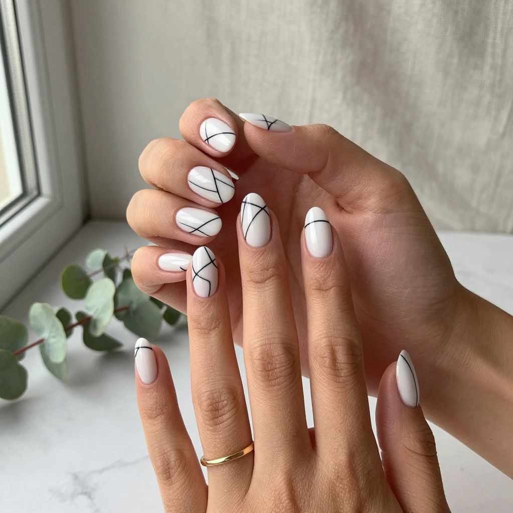 White Nails with Black Line Work