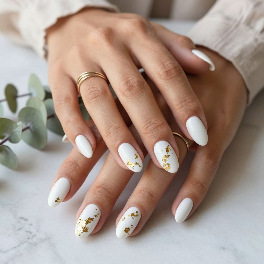 White Nails with Gold Foil Flakes
