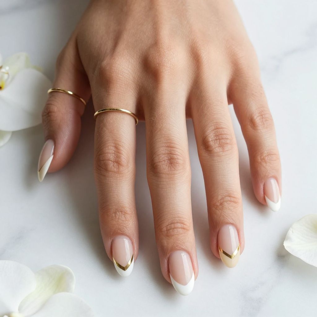 French Tip White Nails with Geometric Accent