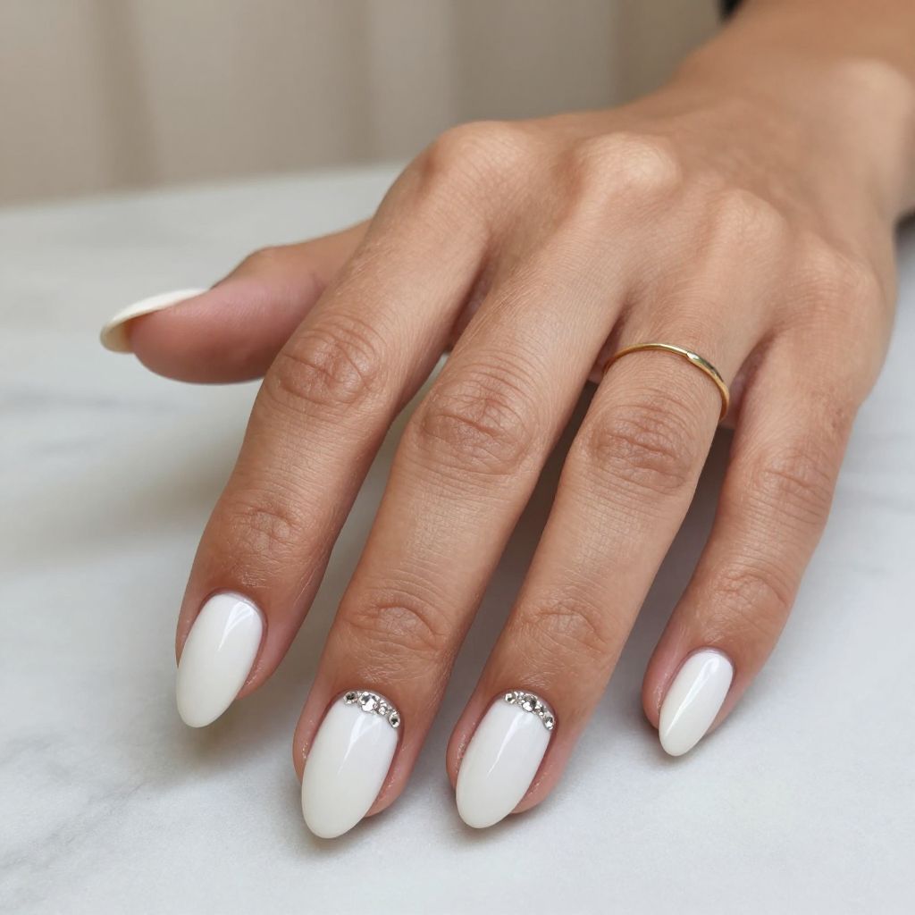 White Nails with Crystal or Rhinestone Accent