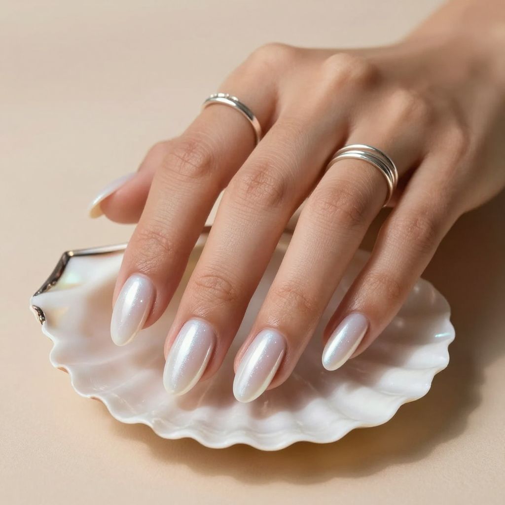 Pearly Chrome Almond white nails