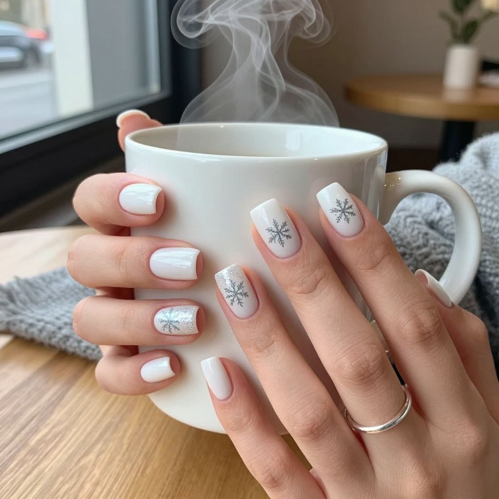 Snowflake Glitter Shorty white nails