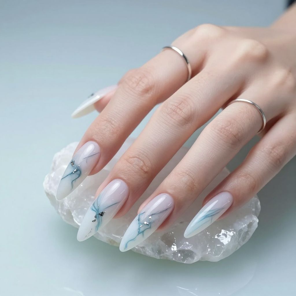 Icy Marble Stiletto white nails