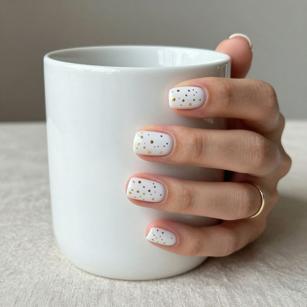 White Nails with Tiny Gold Dot Pattern