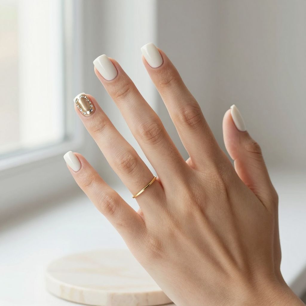 Creamy White with Rhinestone Accent Nail
