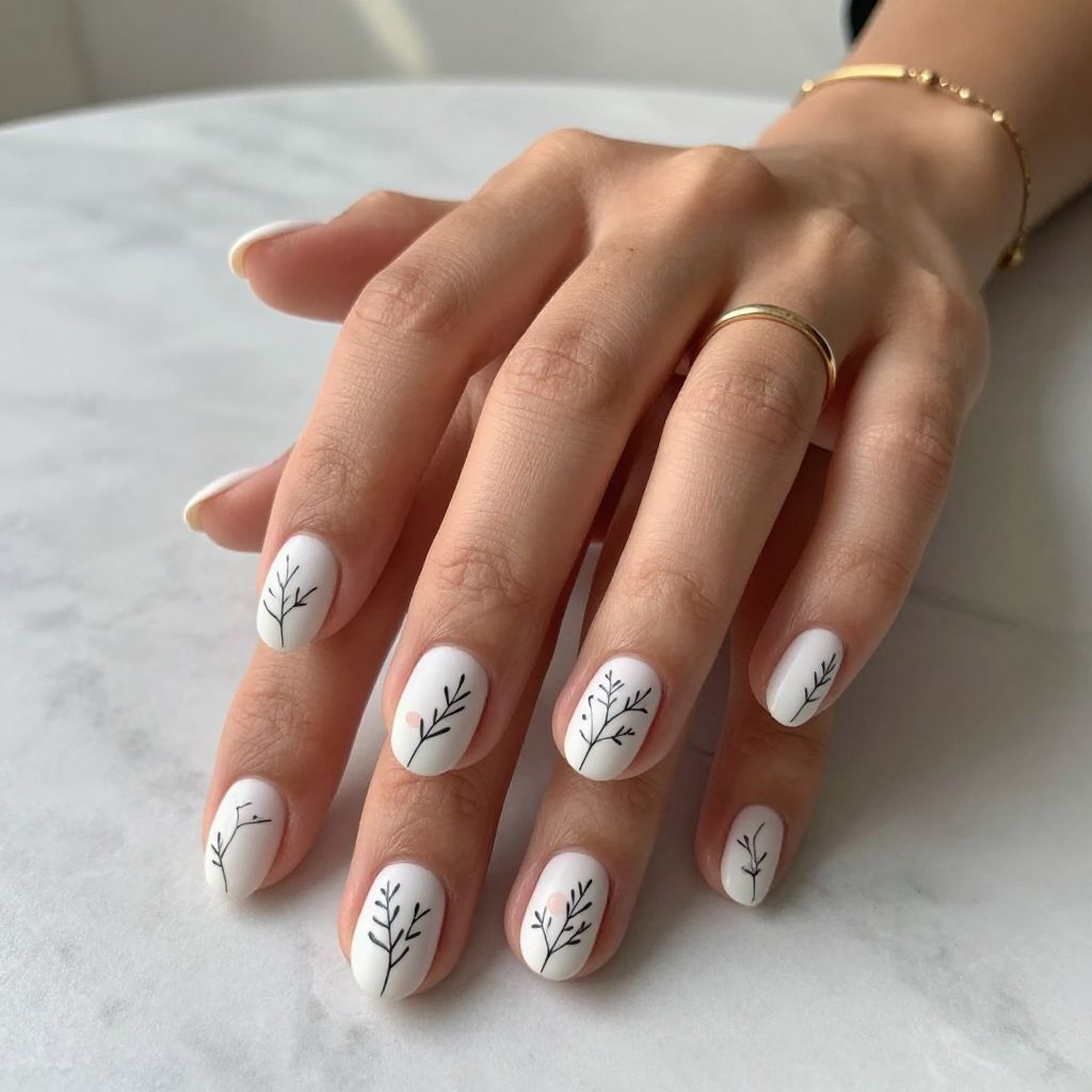 White Nails with Delicate Line Art
