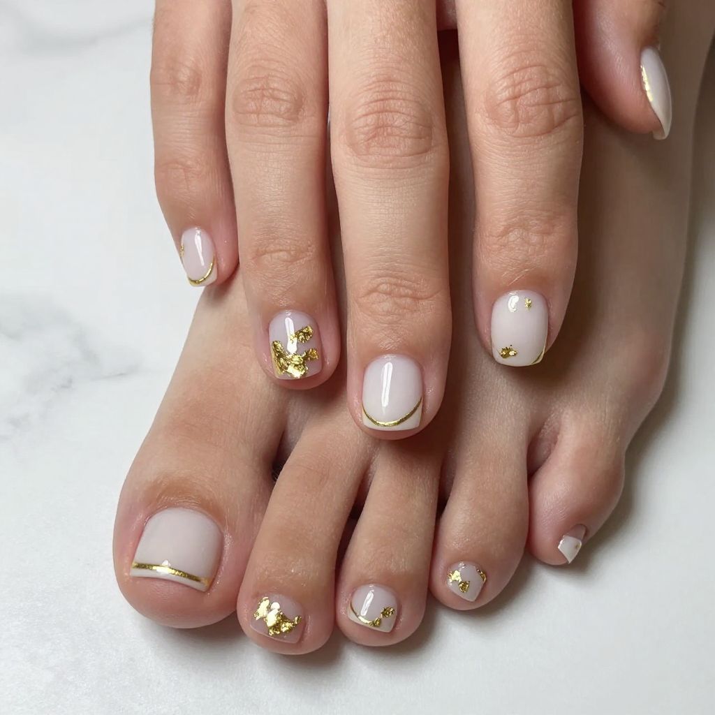 White toe nail ideas white with gold foil