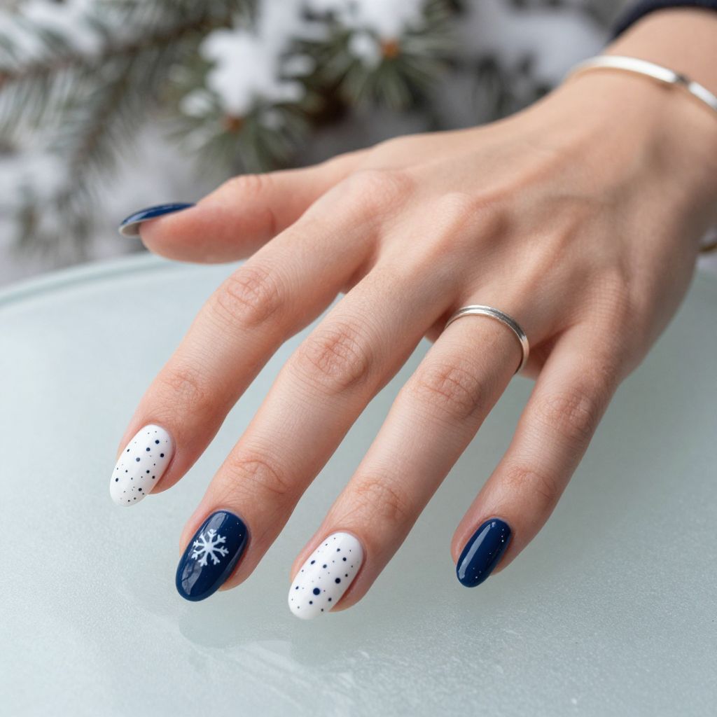 Snowy Speckled Nails with Navy Accents