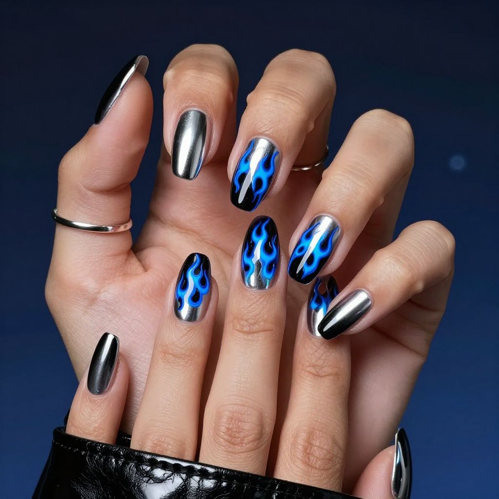 Cyber chrome flame Y2K nails