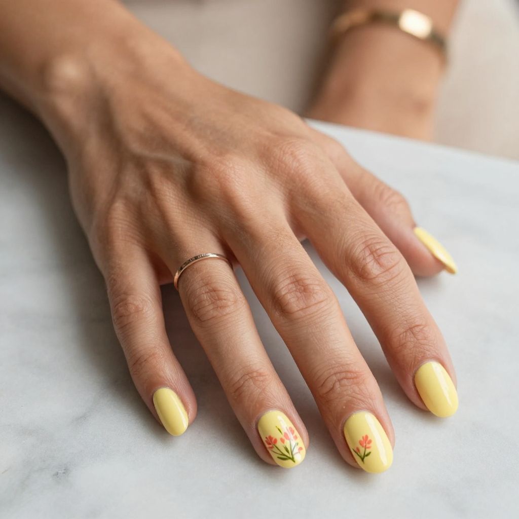 Soft Yellow with Coral Floral Details