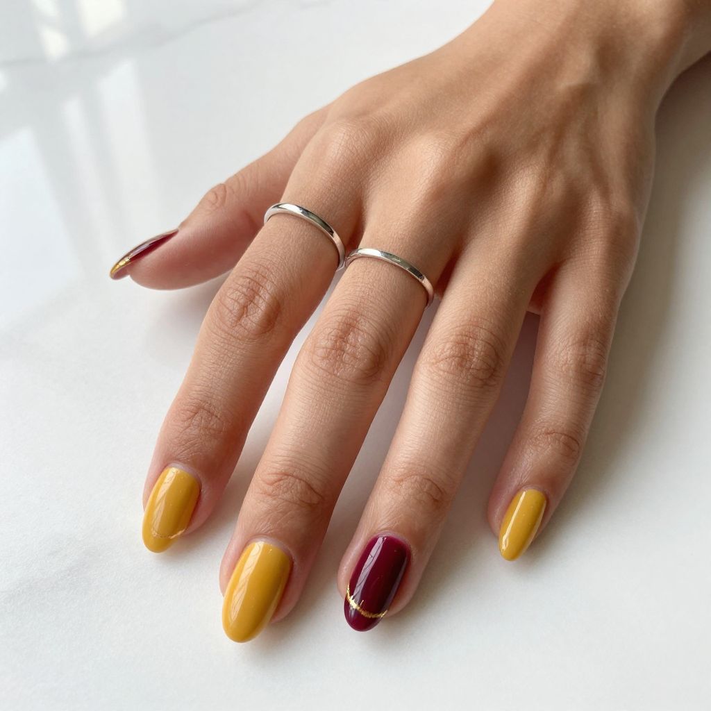 Mustard Yellow with Burgundy Accent Nails