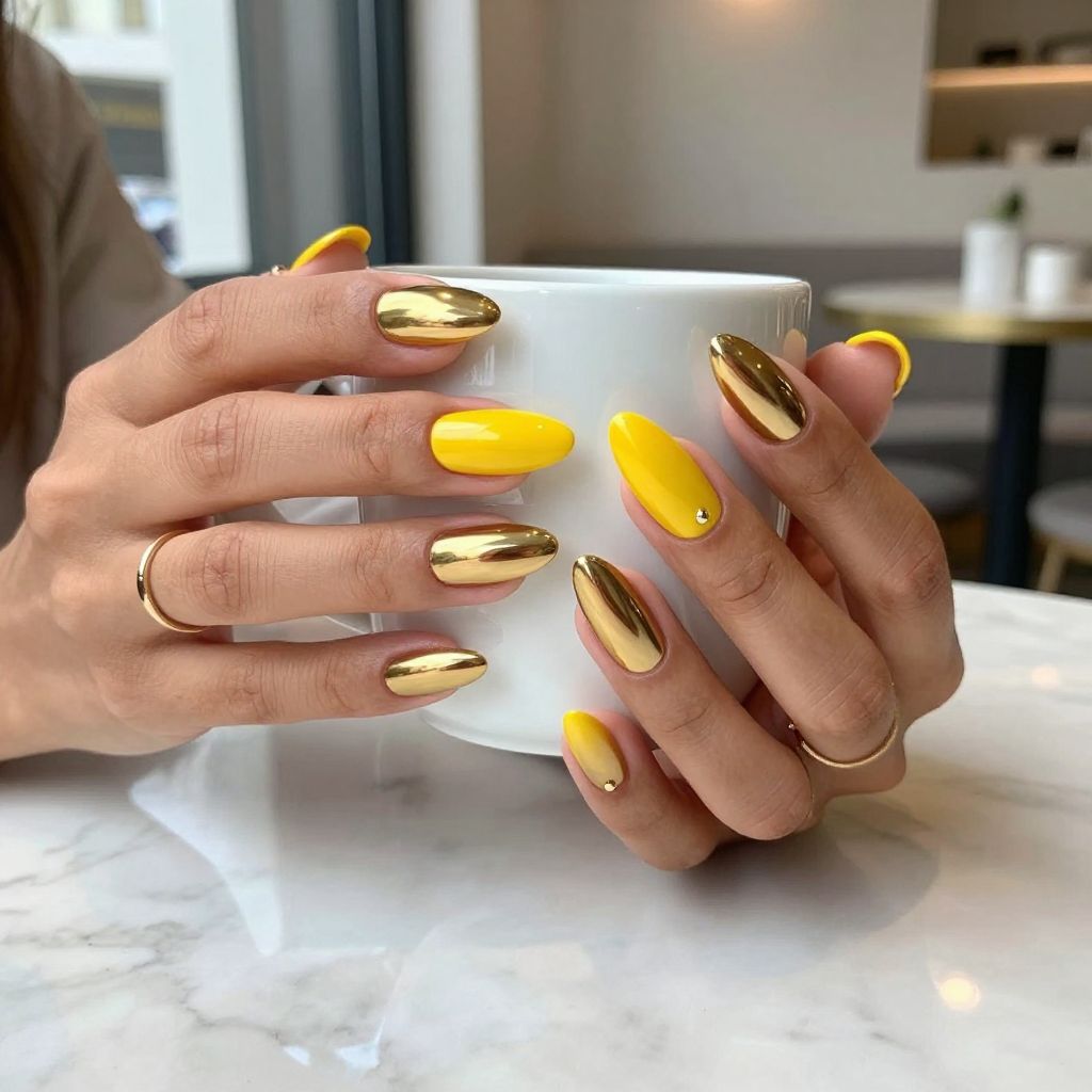 Gold chrome and yellow duo nails