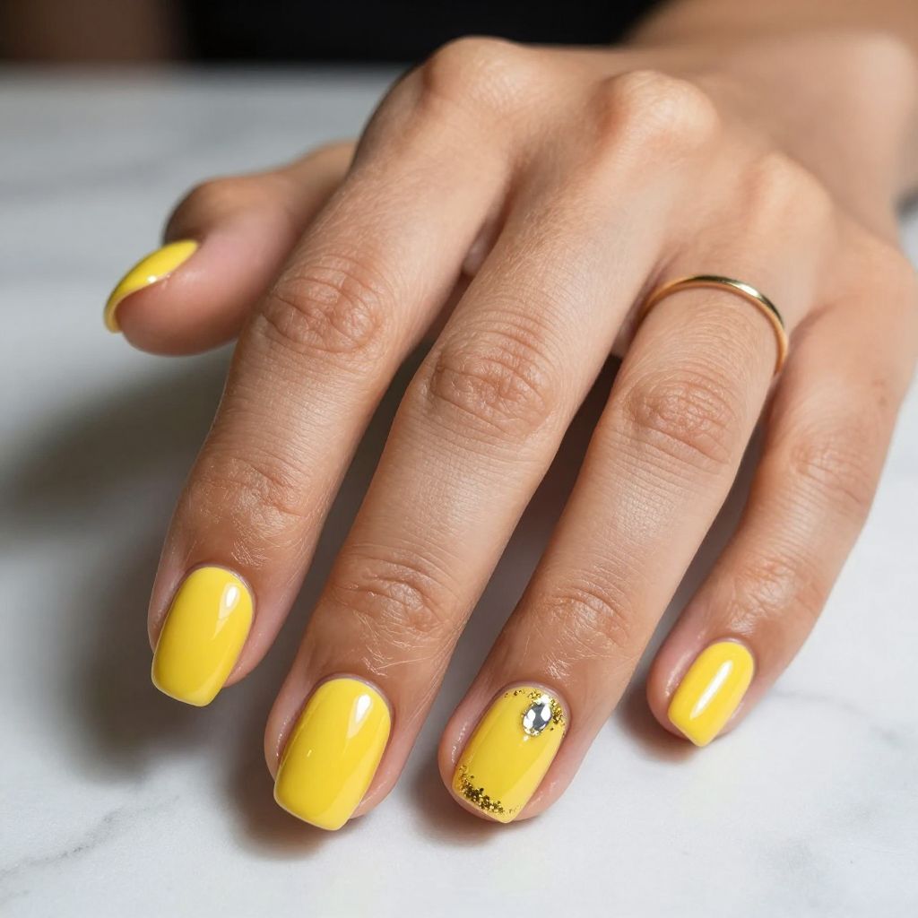 Yellow nails with gold glitter cuticle crescent