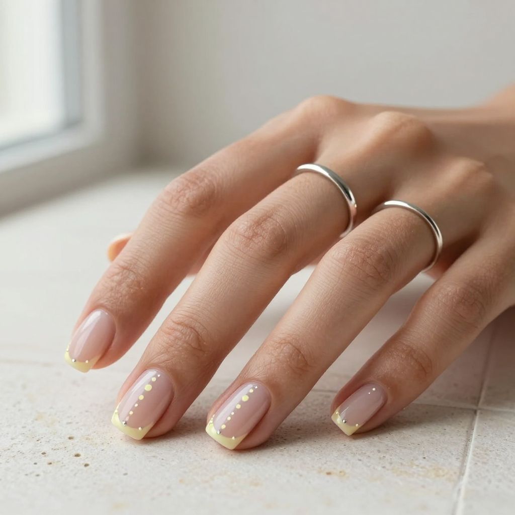 Minimal nude nails with vertical yellow dot line