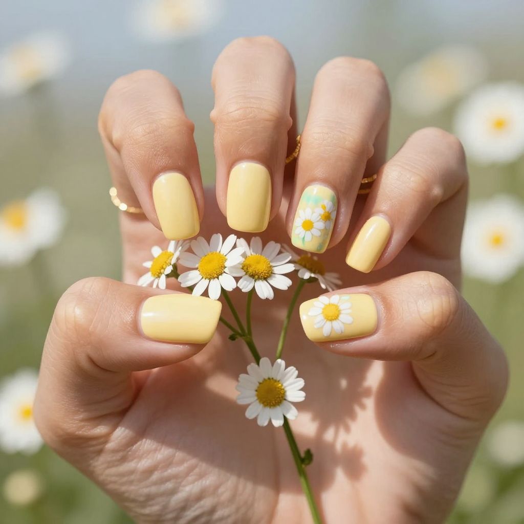 Butter yellow nails with daisy accents
